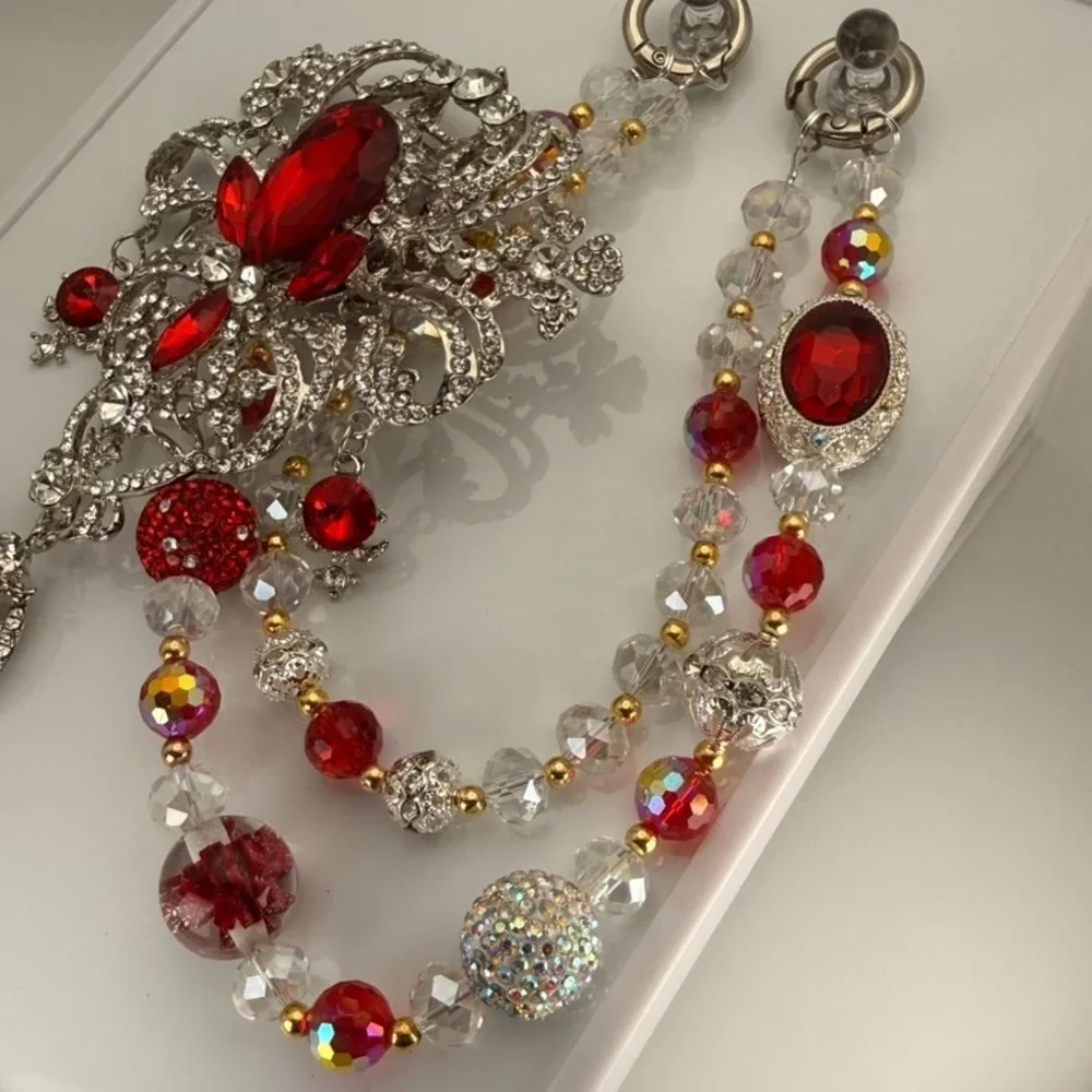 Red Silver Big Brooch Bag Charm Crystal Beaded Purse‎ Charm Rhinestone Keychain